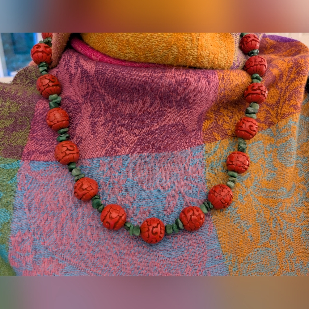 Handcrafted Cinnabar & Jade Beaded Necklace And Bracelet